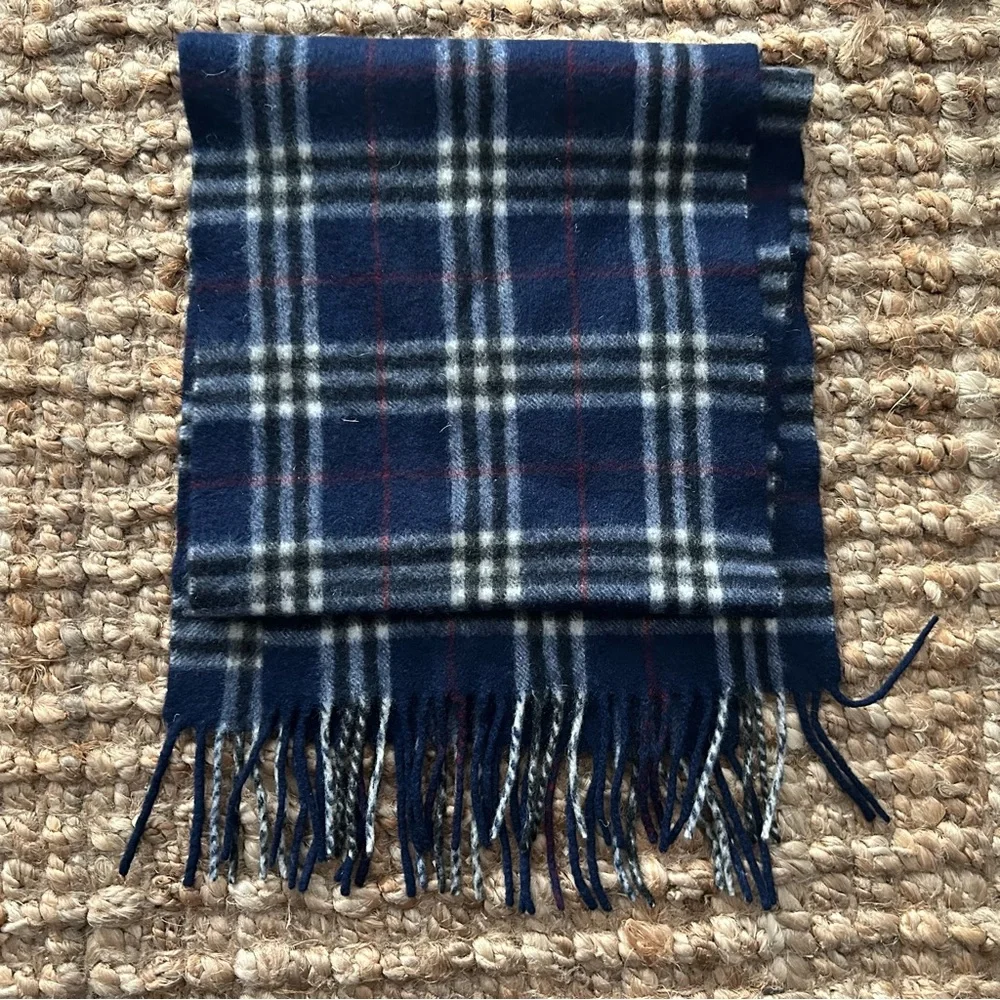 Erdos Pure Cashmere Plaid Fringe Scarf Navy Gray Red - 11”x50”